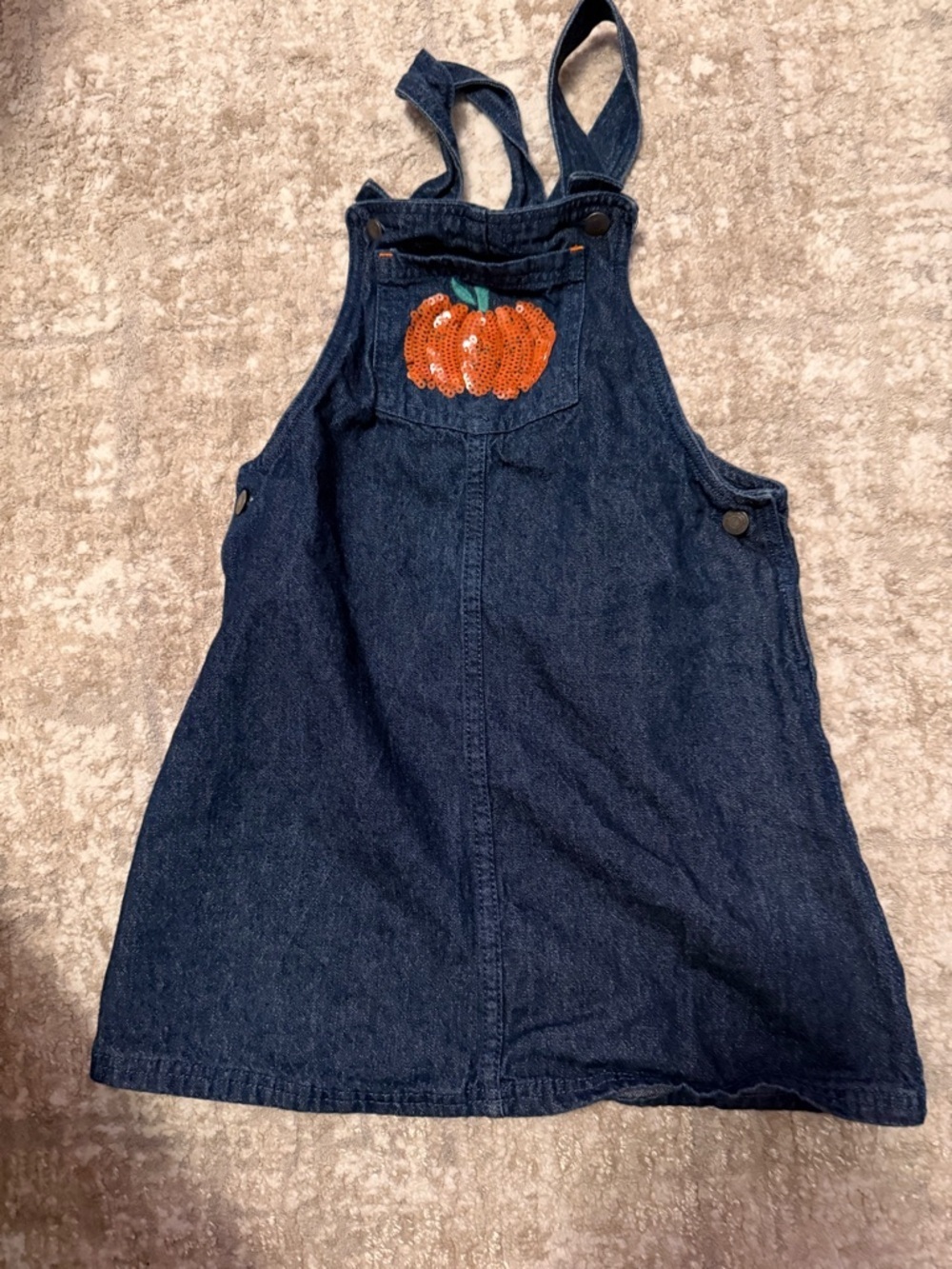 Max Studio Girls Dark Blue Denim Pinafore Dress with Orange Sequin Pumpkin -6/7